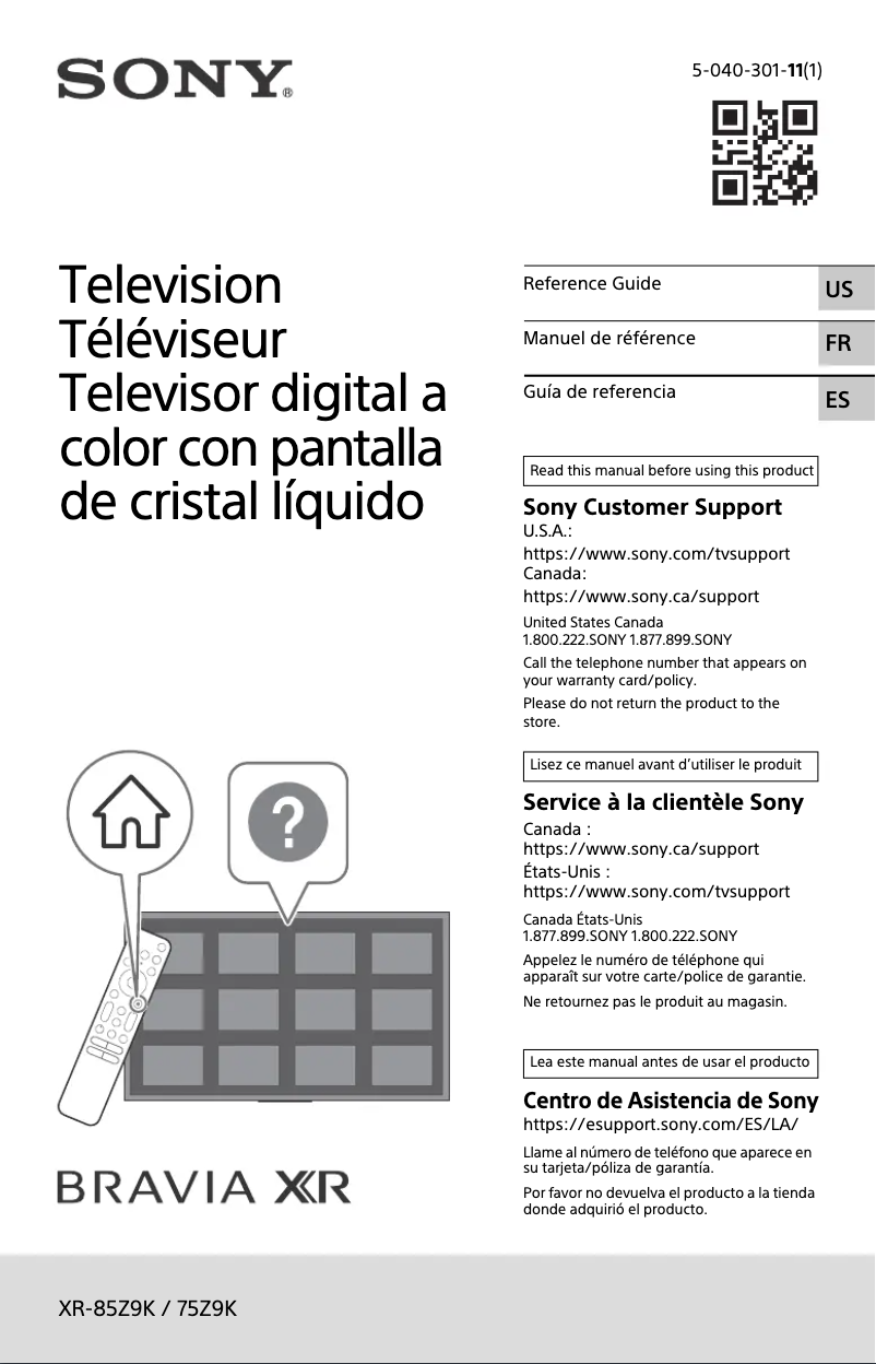 Page n°1 - Manuel utilisateur Sony XR-75Z9K