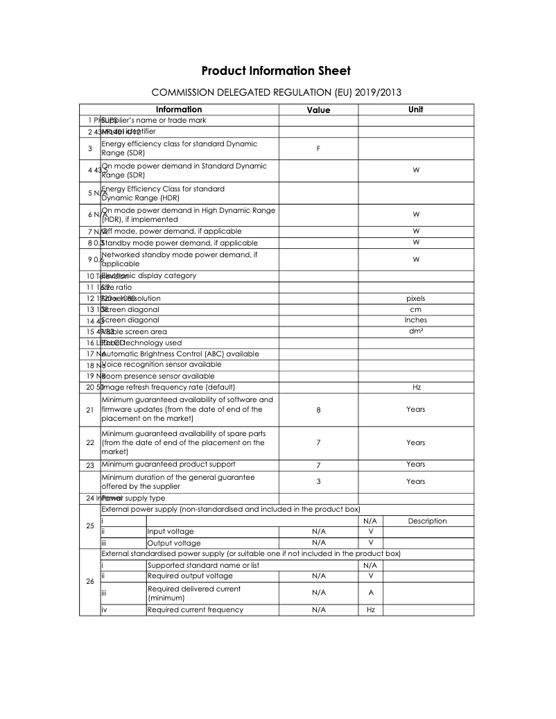 Page 1 de la notice Fiche technique Philips 43HFL4014