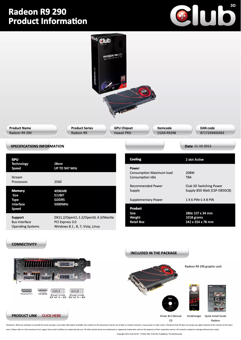 Page n°1 - Manuel utilisateur CLUB3D Radeon R9 290