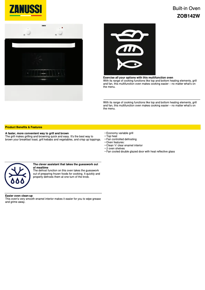 Page 1 de la notice Fiche technique Zanussi ZOB142W