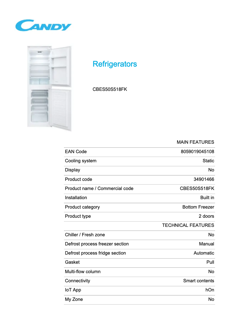 Page 1 de la notice Fiche technique Candy CBES50S518FK