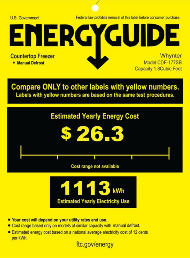 Page 1 de la notice Label énergétique Whynter CDF-177SB