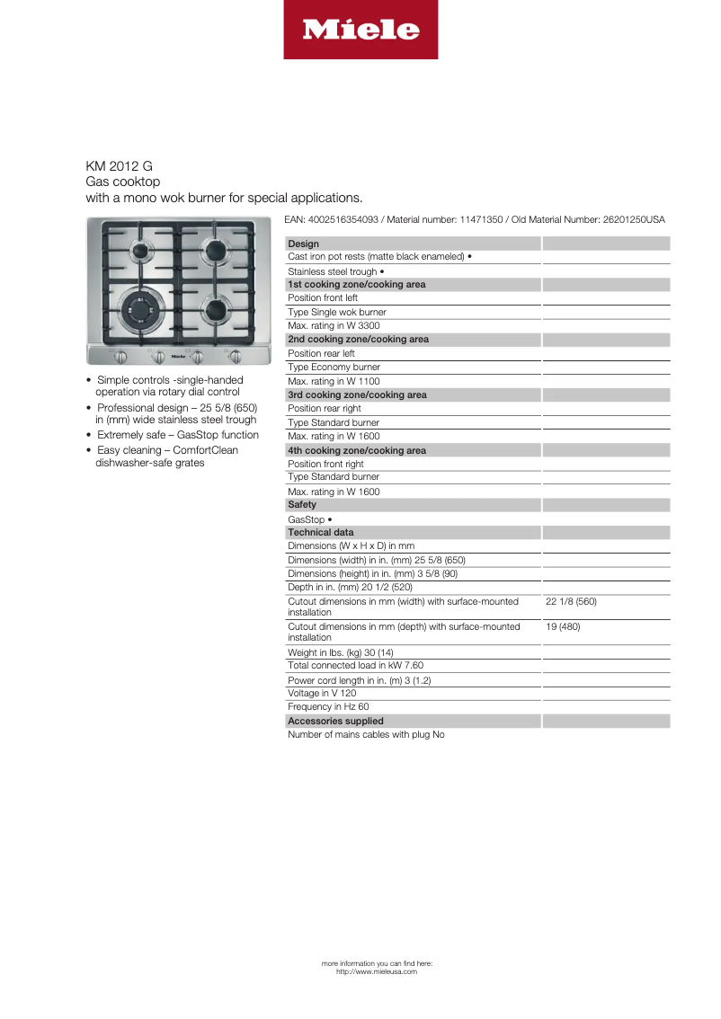 Page n°1 - Fiche technique Miele KM 2012 G