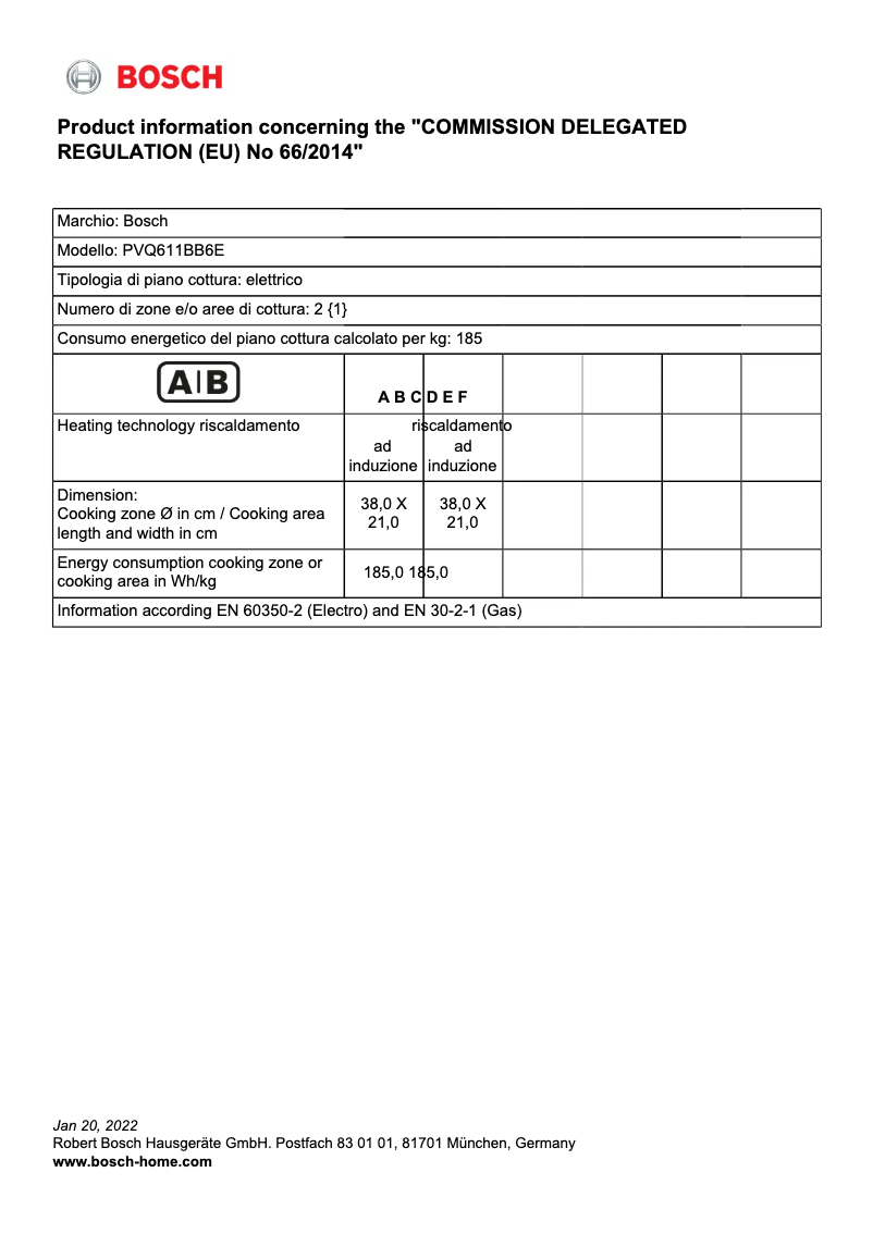 Page 1 de la notice Fiche technique Bosch PVQ611BB6E