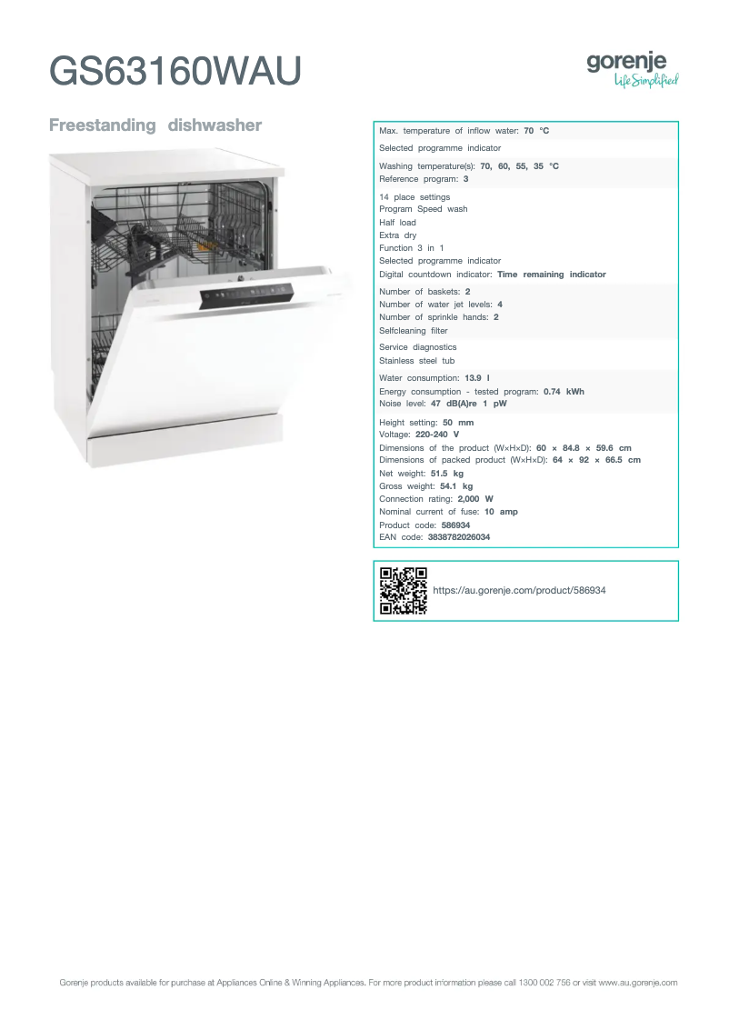 Page n°1 - Fiche technique Gorenje GS63160WAU