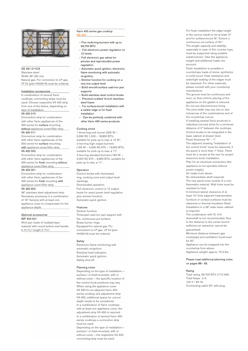 Page 1 de la notice Fiche technique Gaggenau VG 491 211 CA