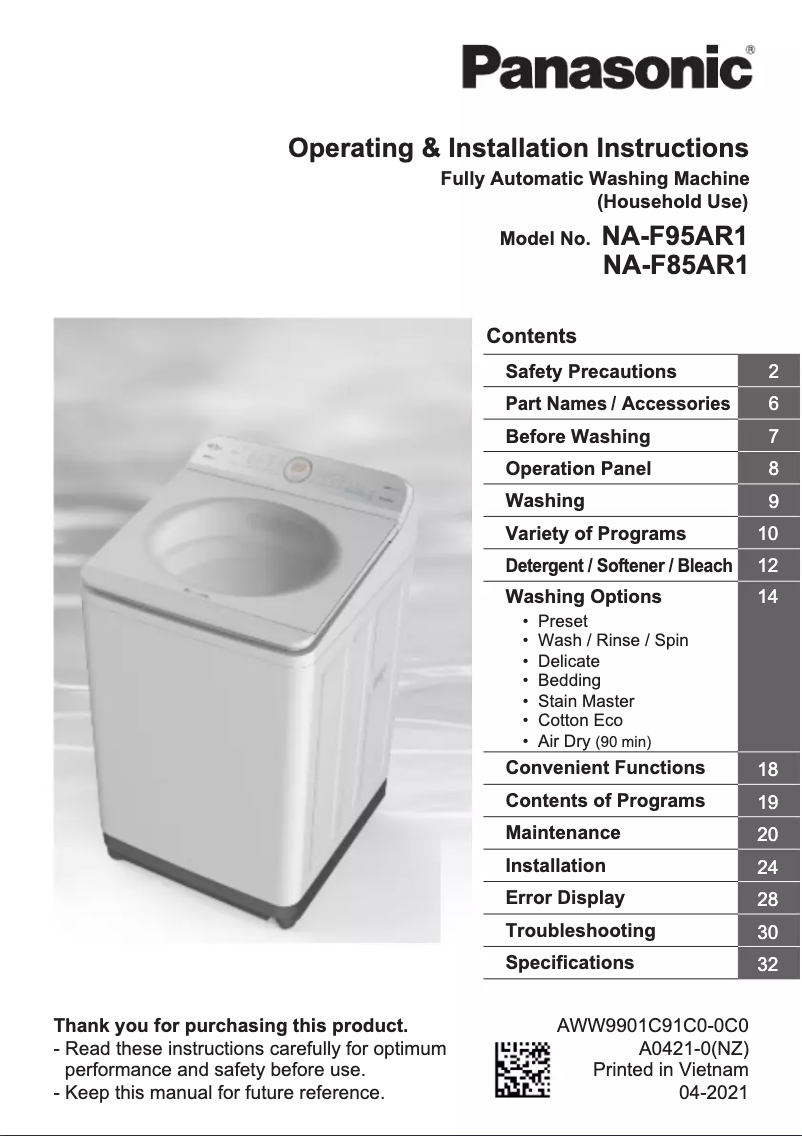 Page n°1 - Manuel utilisateur Panasonic NA-F95AR1