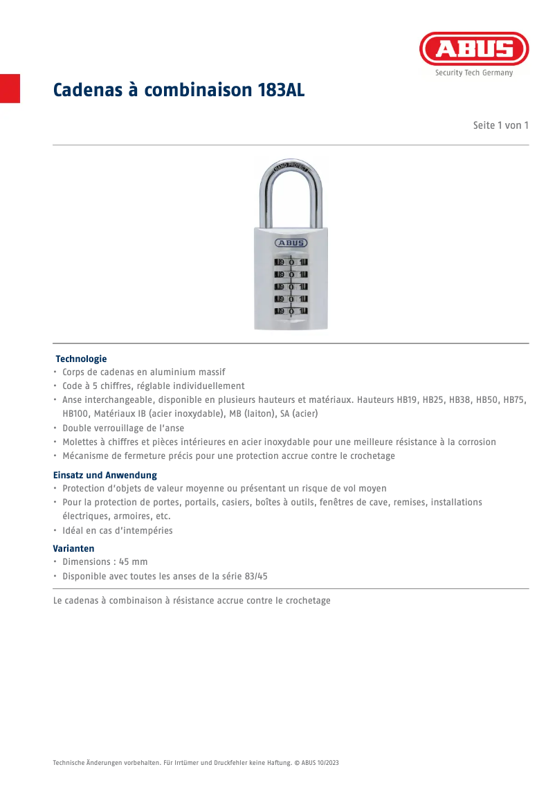 Page n°1 - Fiche technique Abus 183AL/45