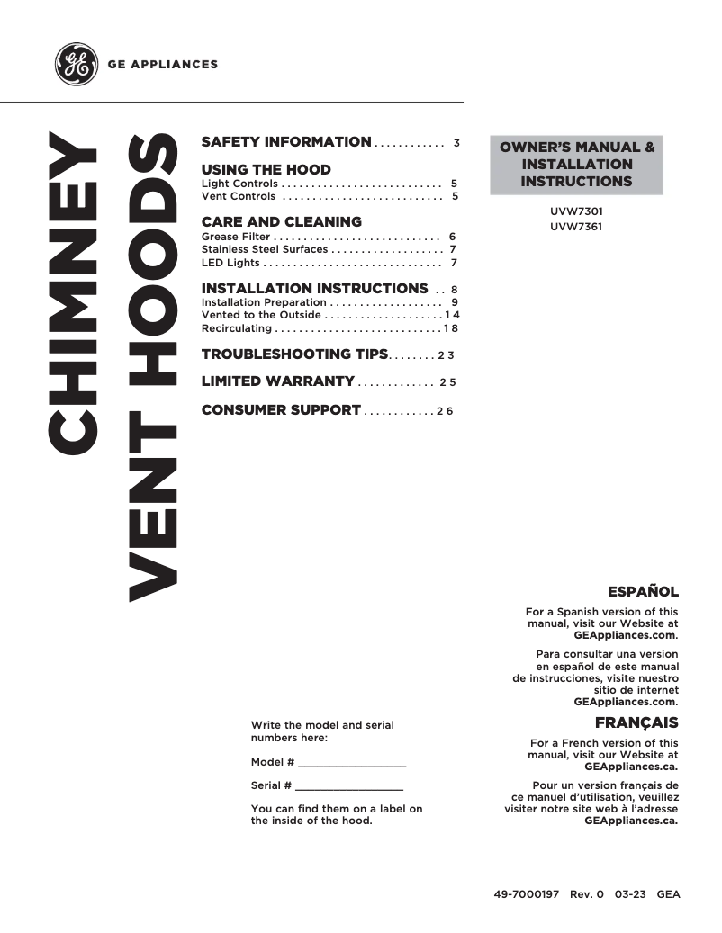 Page 1 de la notice Manuel d'utilisation et d'entretien GE UVW7361SWSS
