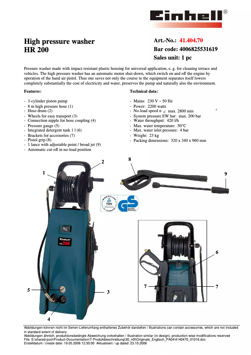 Page 1 de la notice Manuel utilisateur Einhell HR 200
