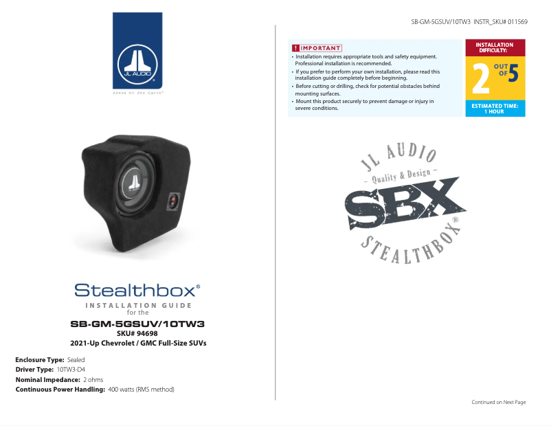 Image de la première page du manuel de l'appareil Stealthbox SB-GM-5GSUV/10TW3