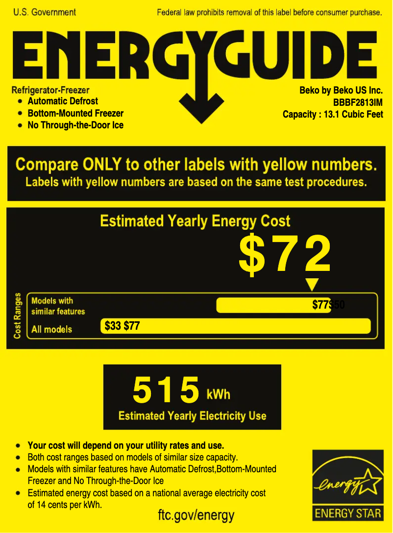 Page 1 de la notice Label énergétique Beko BBBF2813IM