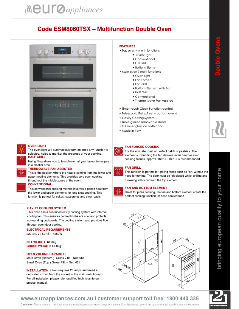 Page 1 de la notice Fiche technique Euro Appliances ESM8060TSX
