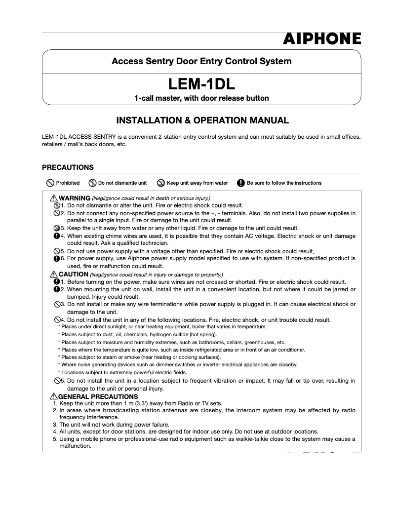 Page 1 de la notice Manuel utilisateur Aiphone LEM-1DL