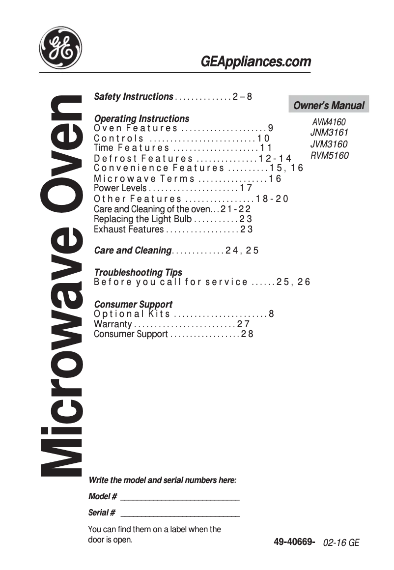 Page 1 of the manual Use and Maintenance Manual GE Artistry AVM4160DFWS