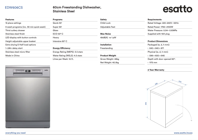 Page n°1 - Fiche technique Esatto EDW606CS