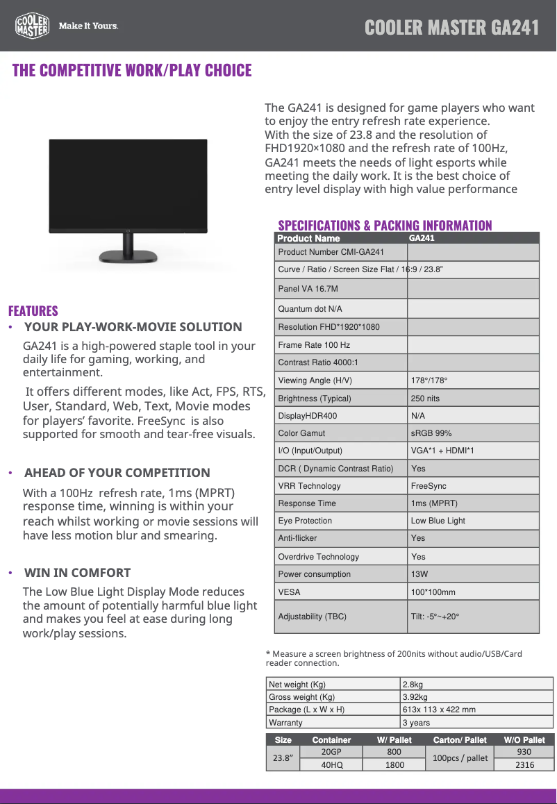 Page n°1 - Fiche technique Cooler Master GA241
