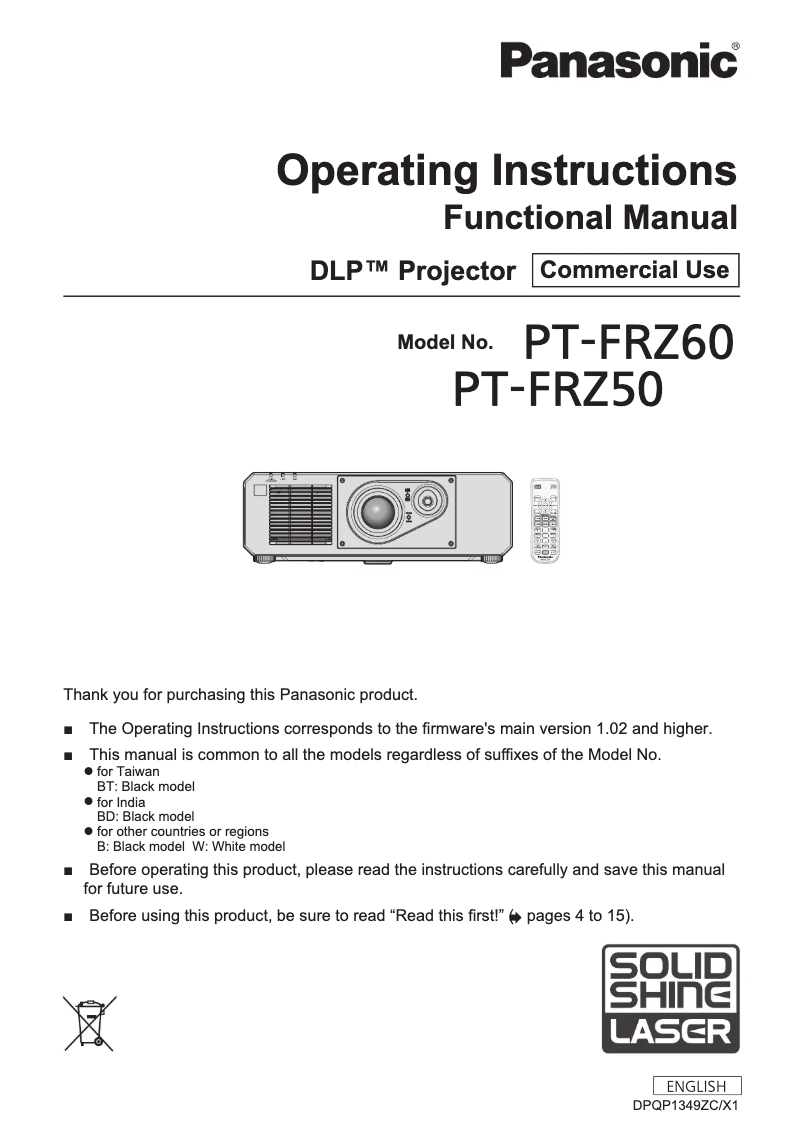 Page 1 de la notice Manuel utilisateur Panasonic PT-FRZ60
