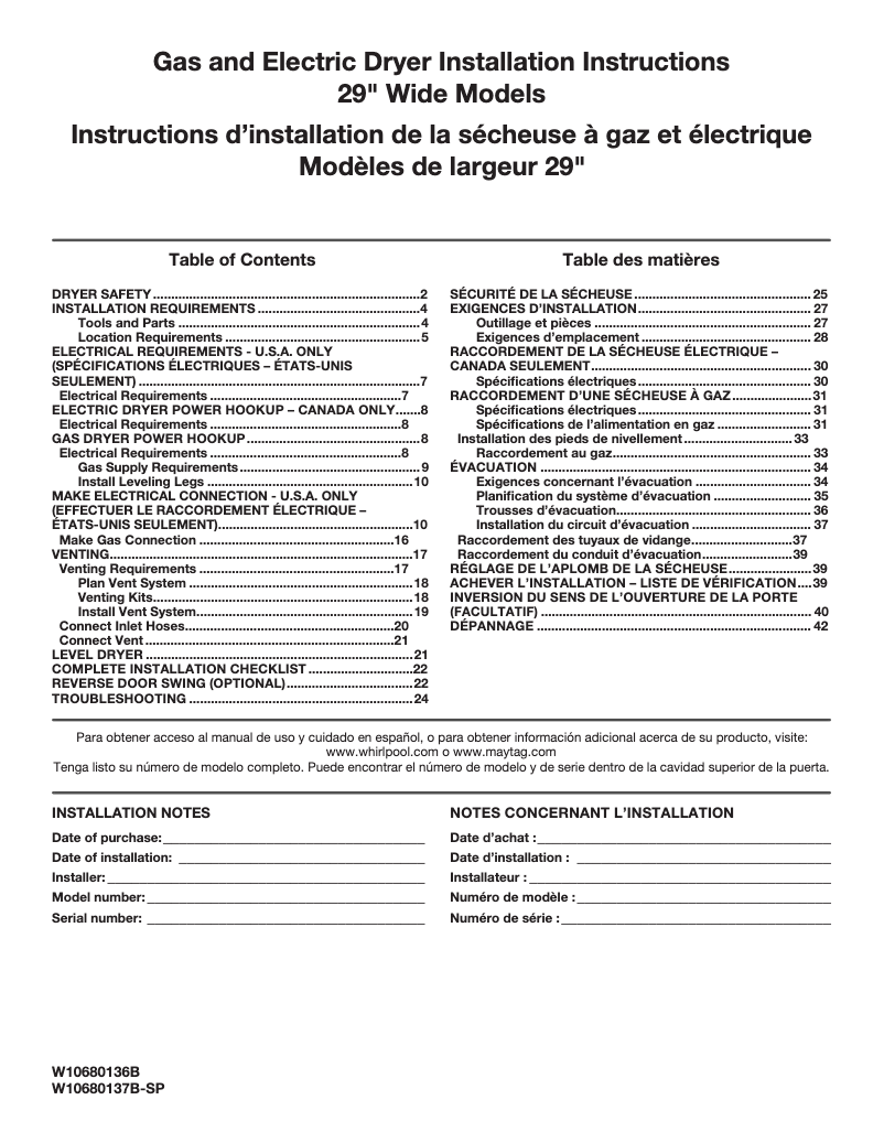 Page n°1 - Guide d'installation Whirlpool Cabrio WED7300DW