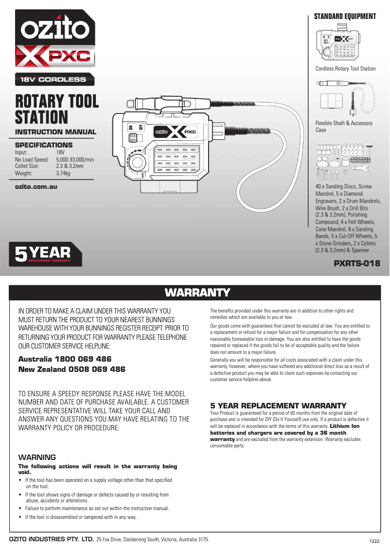 Page n°1 - Manuel utilisateur Ozito PXRTS-018