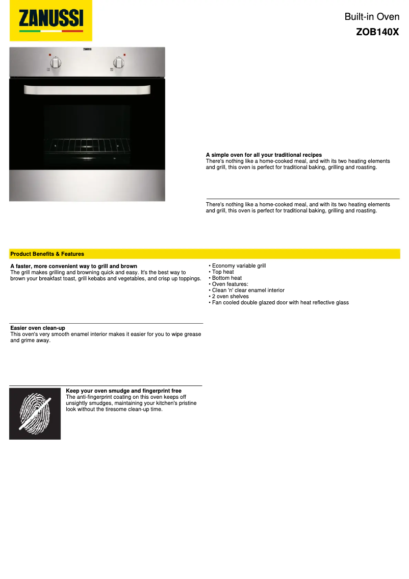 Page 1 de la notice Fiche technique Zanussi ZOB140X