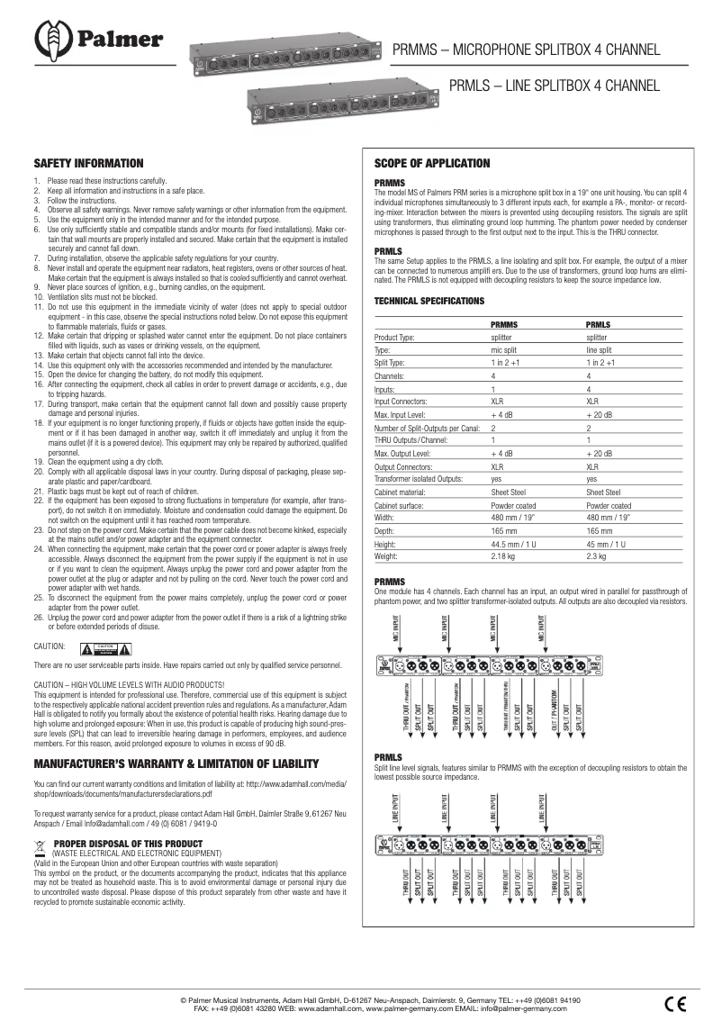 Page 1 de la notice Manuel utilisateur Palmer PRMLS