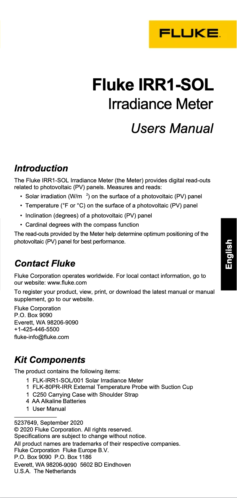Page n°1 - Manuel utilisateur Fluke FLK-IRR1-SOL