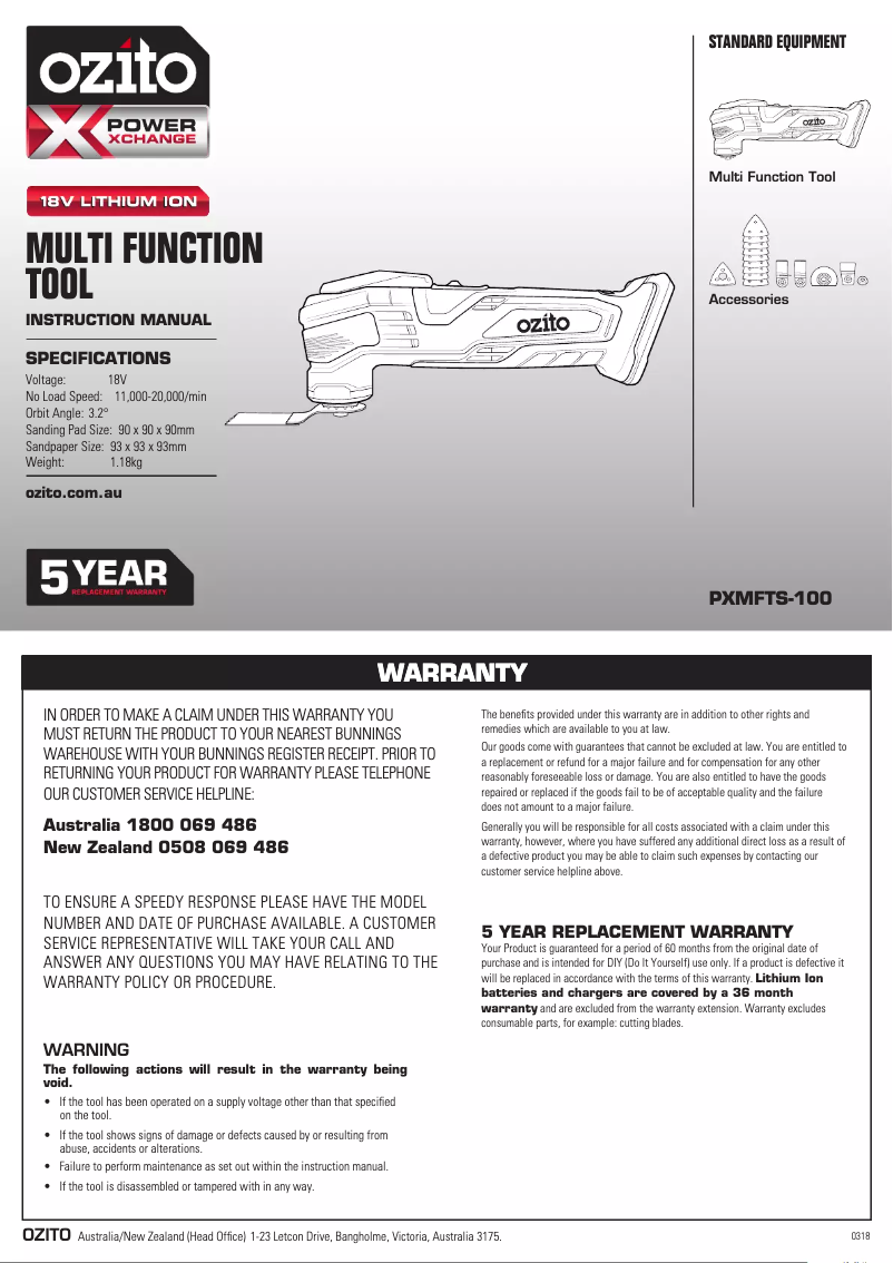 Page 1 de la notice Manuel utilisateur Ozito PXMFTS-100