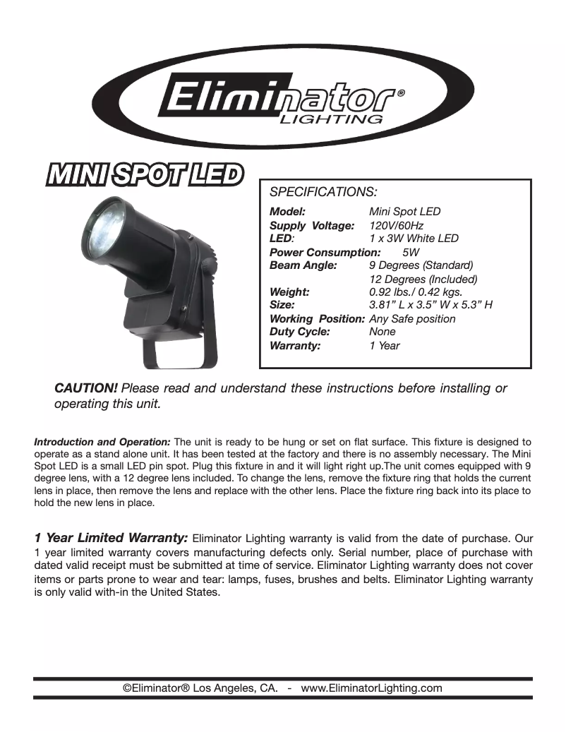 Page n°1 - Manuel utilisateur Eliminator Lighting Mini Spot LED