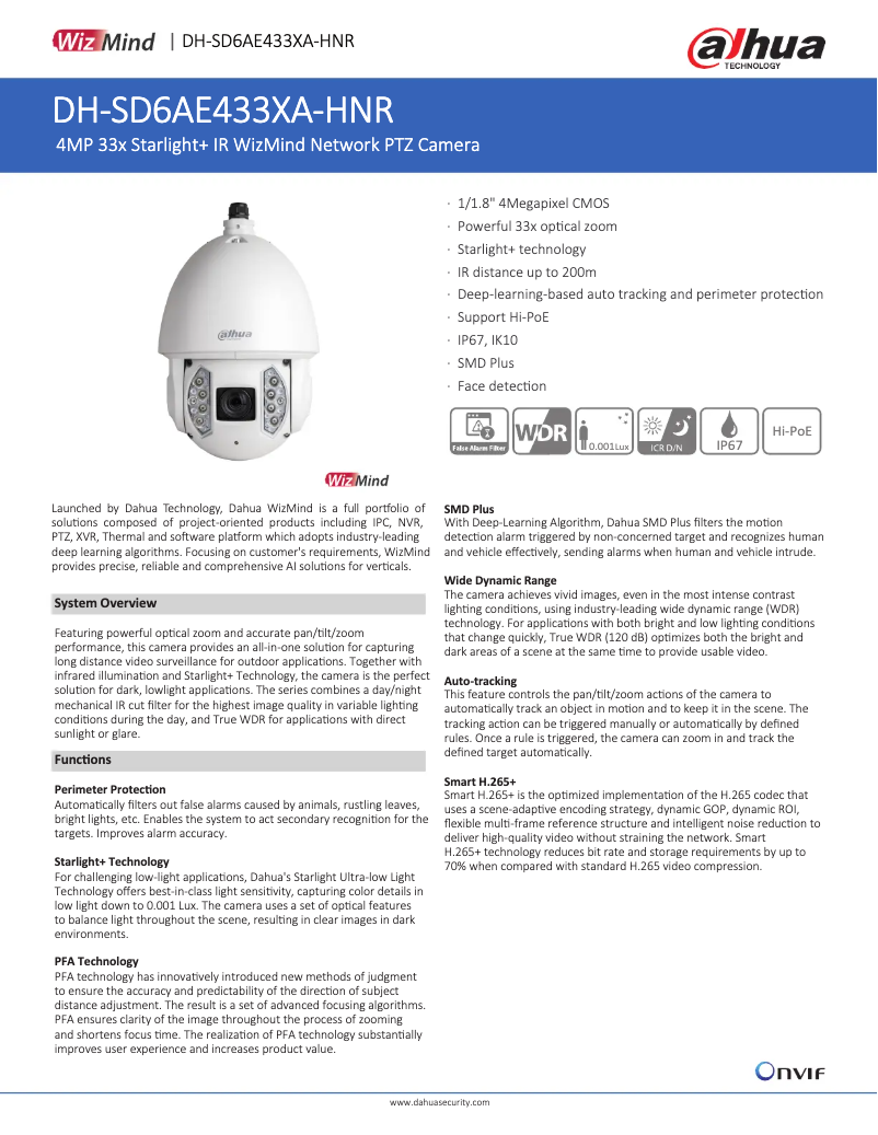 Page 1 de la notice Fiche technique Dahua Technology SD6AE433XA-HNR