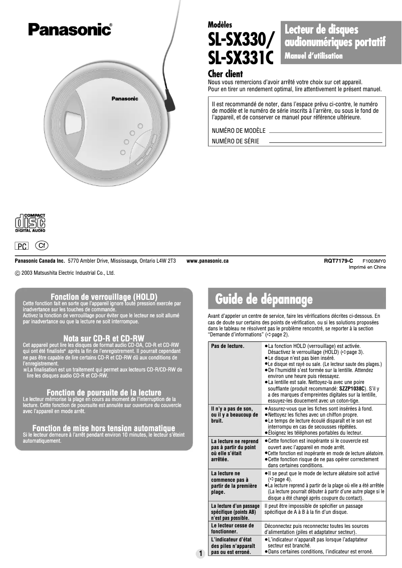 Page n°1 - Manuel utilisateur Panasonic SL-SX331C