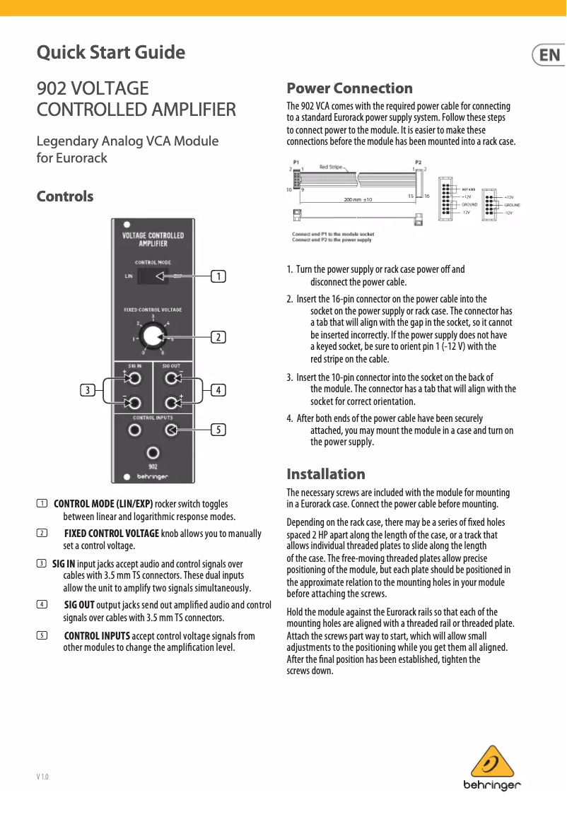 Page n°1 - Manuel utilisateur Behringer 902 Voltage Controlled Amplifier