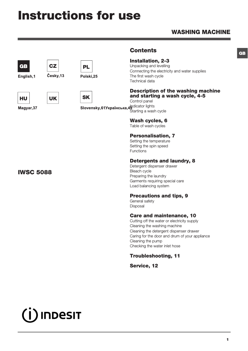 Page n°1 - Manuel utilisateur Indesit IWSC 5088