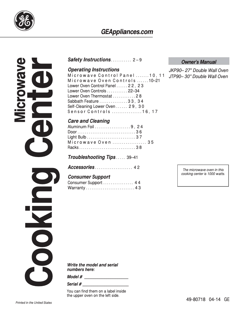 Page 1 de la notice Manuel d'utilisation et d'entretien GE JKP90SPSS