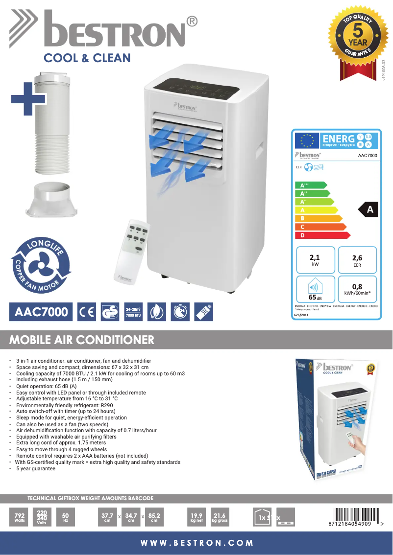 Page n°1 - Fiche technique Bestron AAC7000