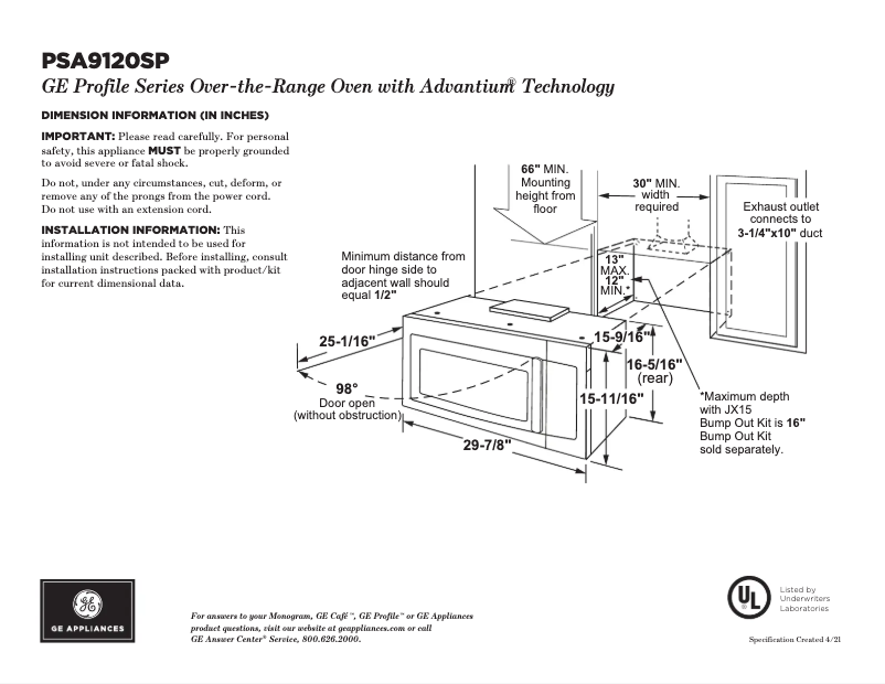 Page n°1 - Fiche technique GE Profile PSA9120SPSS