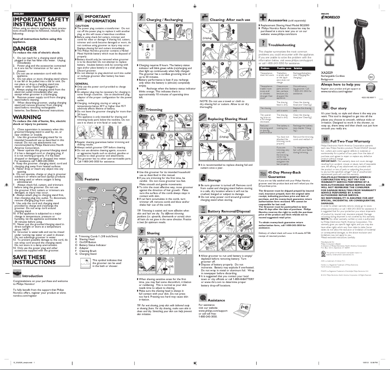 Page n°1 - Manuel utilisateur Philips Norelco Axe XA2029