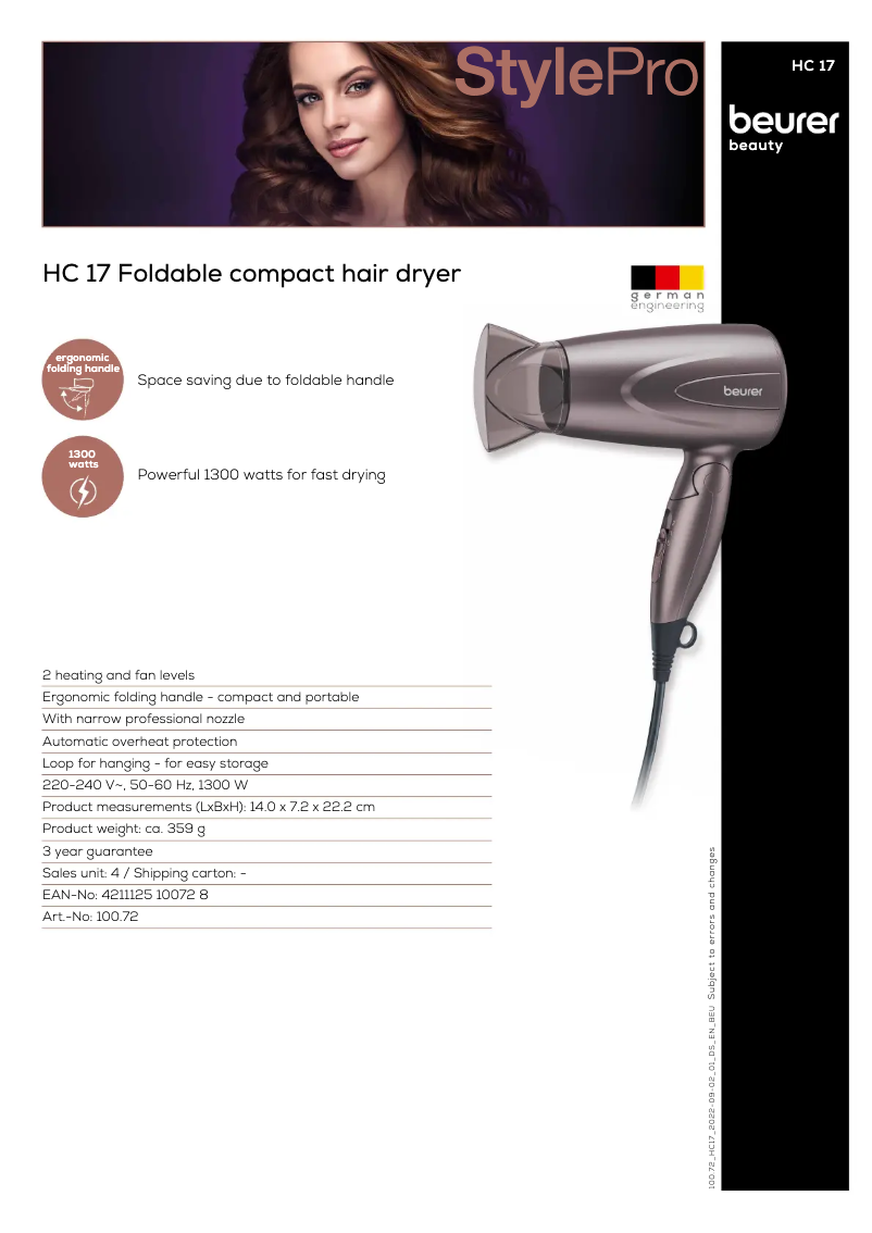 Page 1 de la notice Fiche technique Beurer HC 17