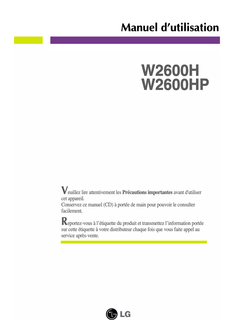 Page 1 de la notice Manuel utilisateur LG W2600H