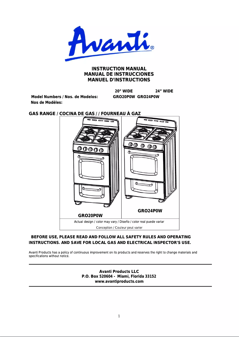 Page 1 de la notice Manuel utilisateur Avanti GRO20P0W