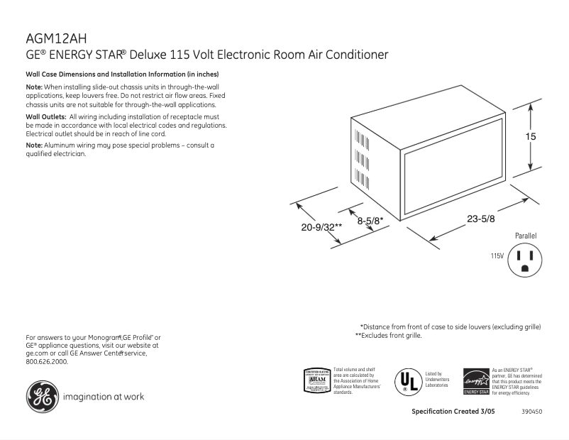 Page n°1 - Fiche technique GE AGM12AH