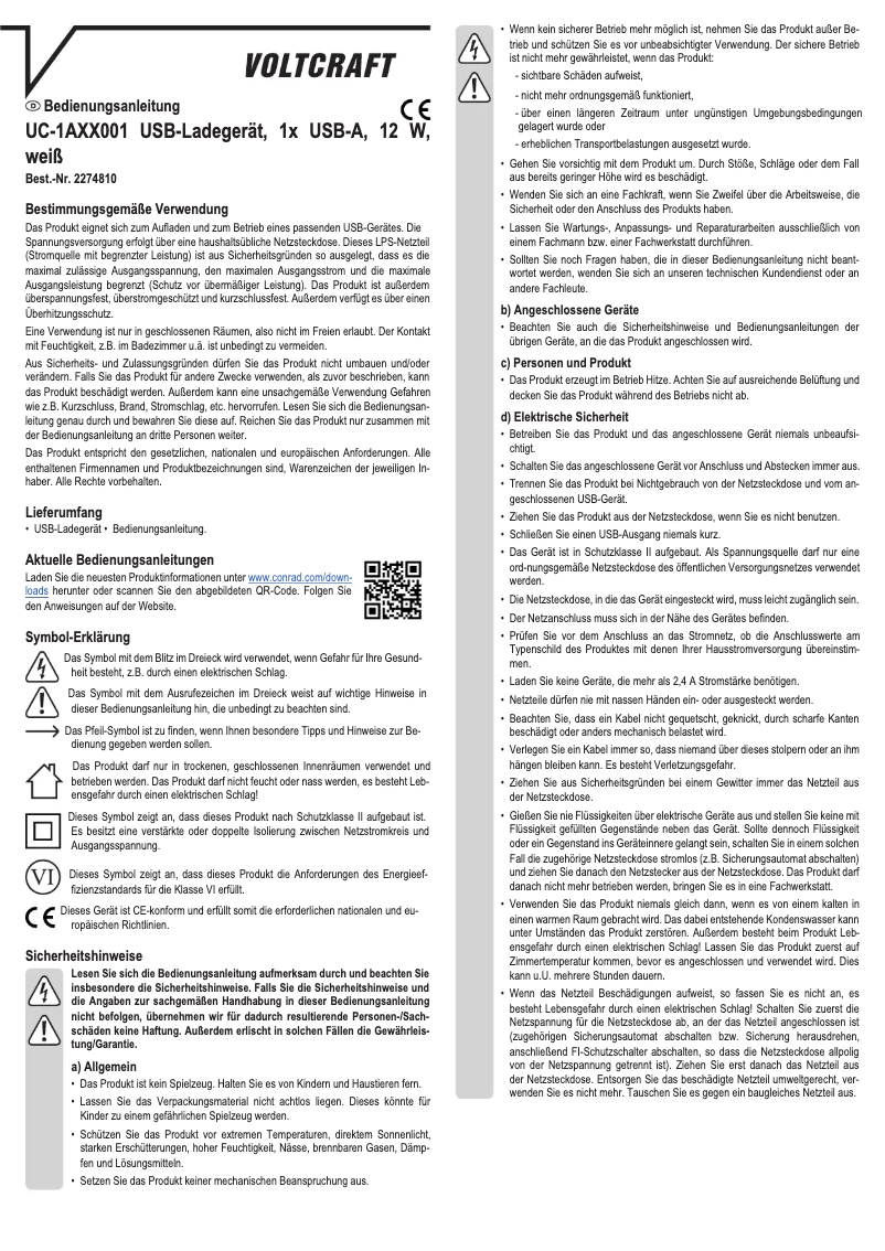 Page 1 de la notice Manuel utilisateur Voltcraft UC-1AXX001