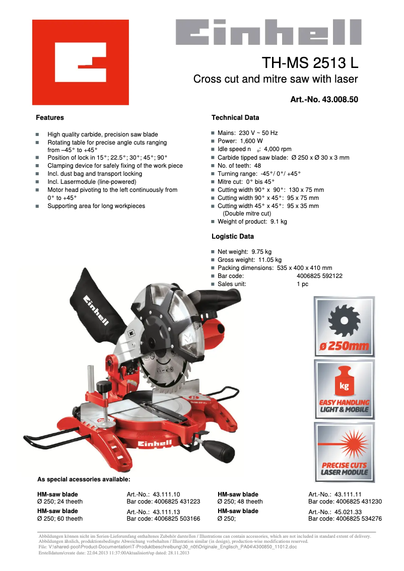 Page 1 de la notice Fiche technique Einhell TH-MS 2513 L