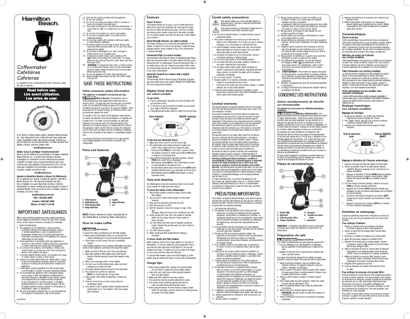 Page n°1 - Manuel d'utilisation et d'entretien Hamilton Beach Programmable 49465R