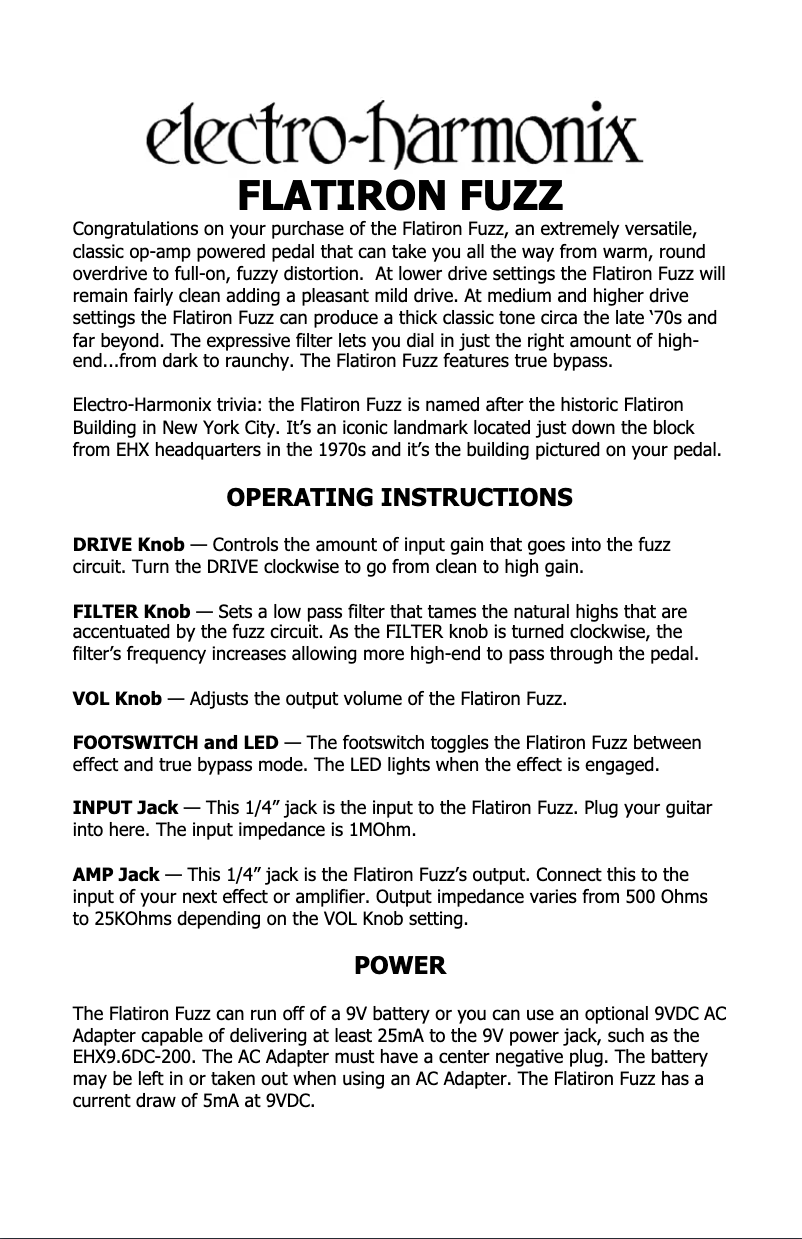 Page 1 de la notice Manuel utilisateur Electro Harmonix Flatiron Fuzz