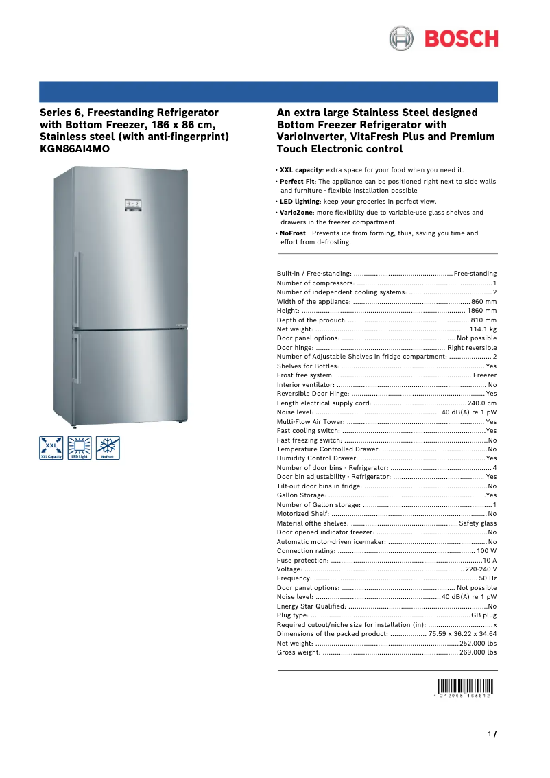 Page n°1 - Manuel utilisateur Bosch KGN86AI4MO