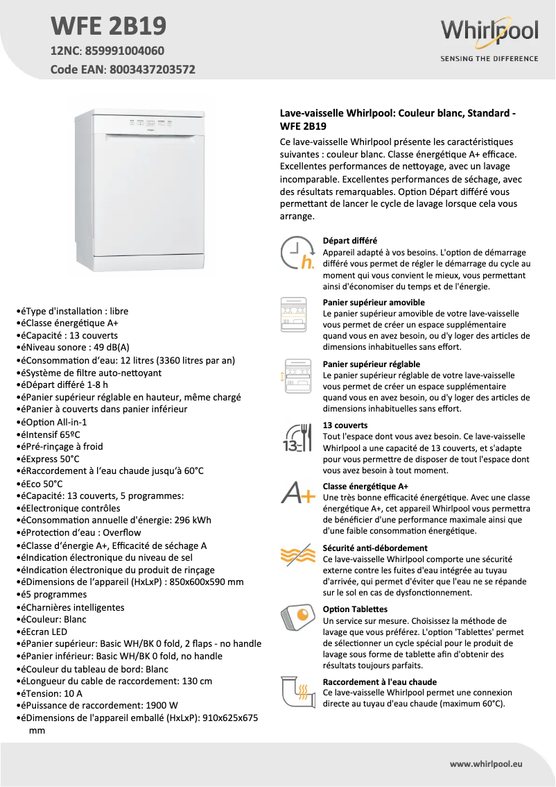 Page 1 de la notice Fiche technique Whirlpool WFE 2B19