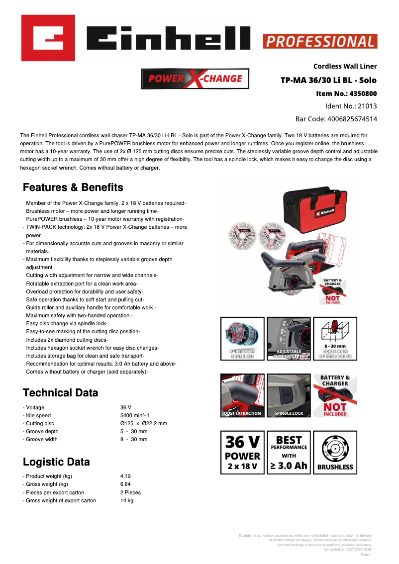 Page n°1 - Fiche technique Einhell TP-MA 36/30 Li BL