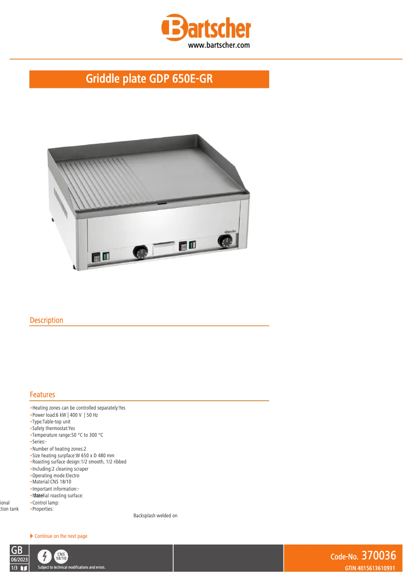 Page n°1 - Fiche technique Bartscher GDP 650E-GR