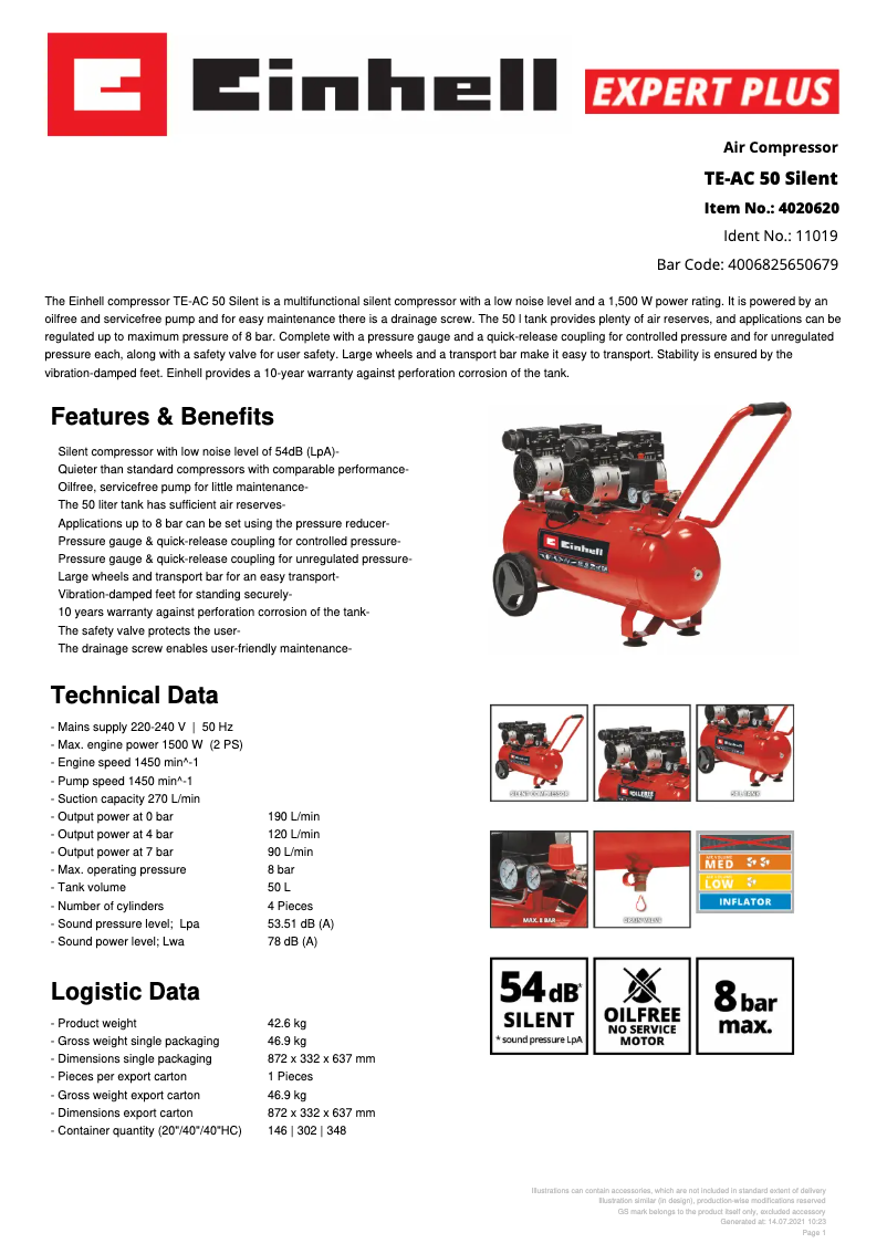 Page 1 de la notice Fiche technique Einhell TE-AC 50 Silent